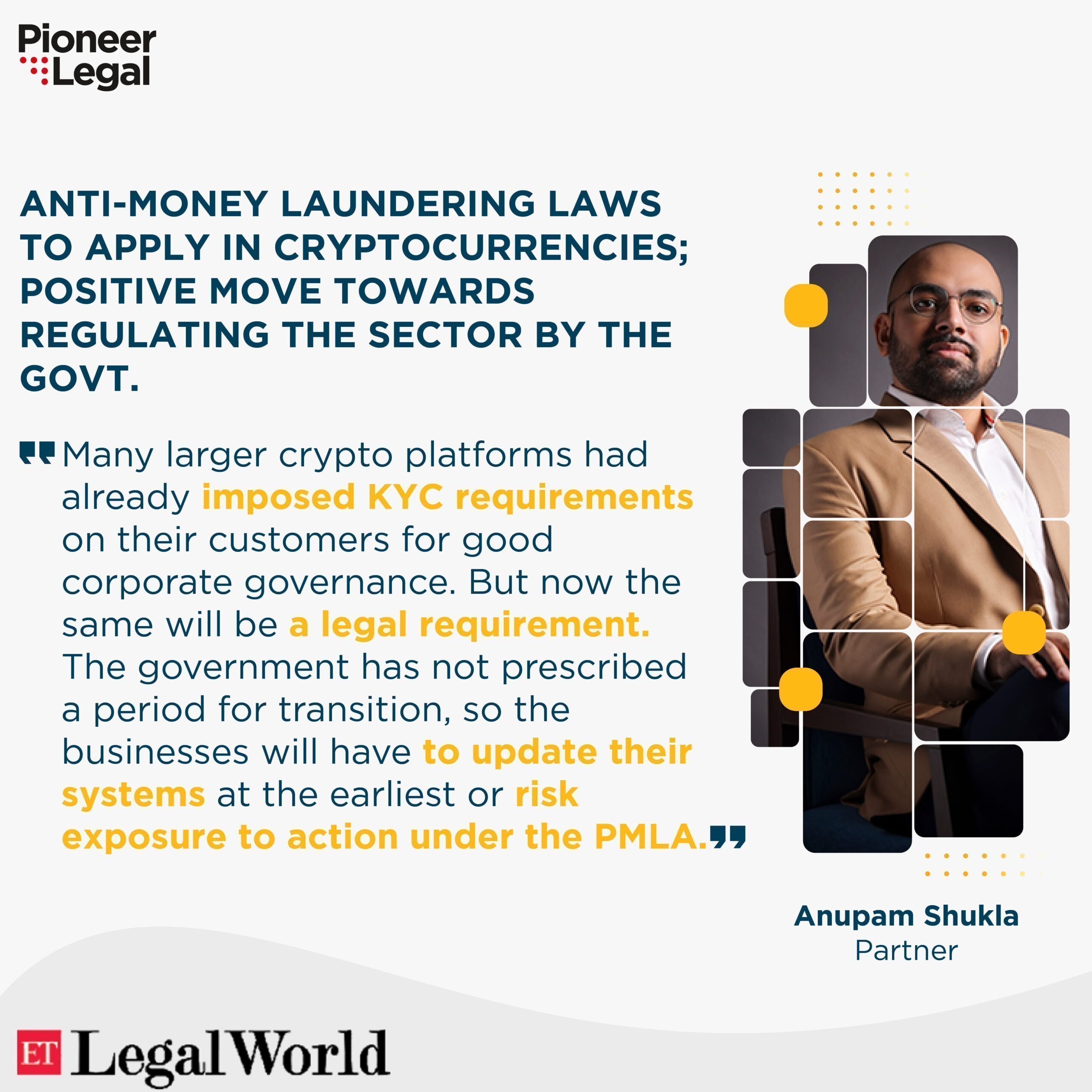 Pioneer Legal - Anti-money laundering laws to apply in Cryptocurrencies; positive move towards regulating the Sector by the Govt.