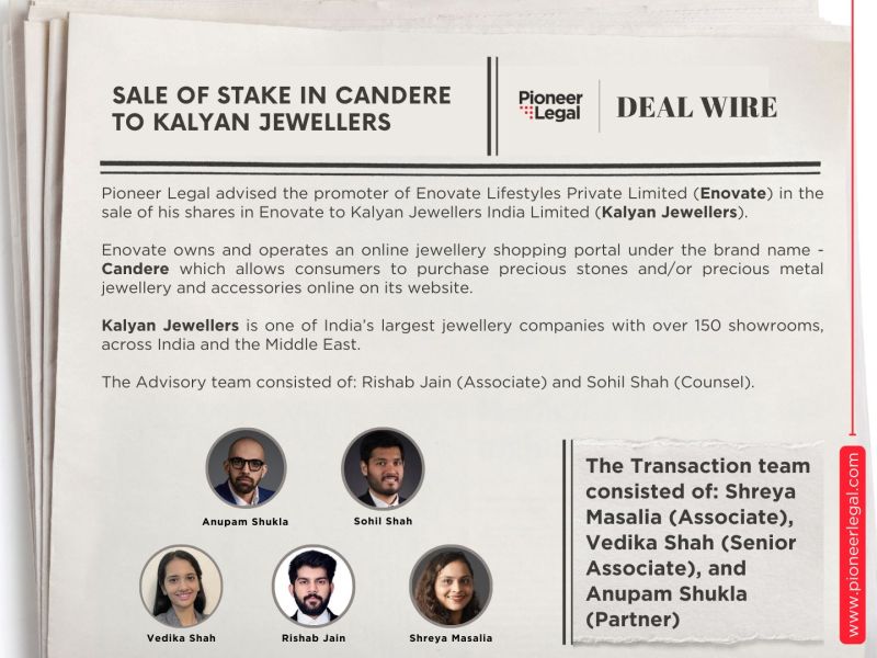 Pioneer Legal - Sale of stake in Candere to Kalyan Jewellers