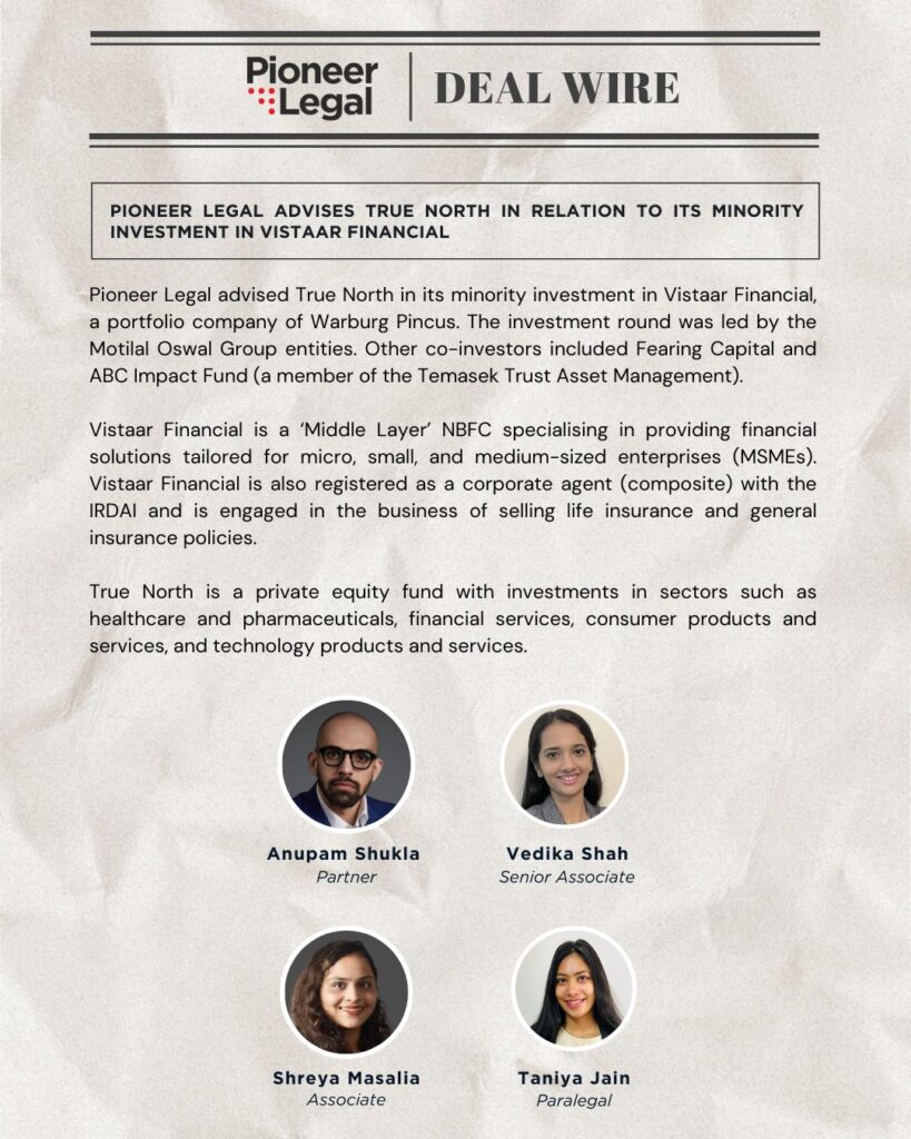 Pioneer Legal advises True North in relation to its minority investment in Vistaar Financial - Pioneer Legal Pioneer Legal - Pioneer Legal advises True North in relation to its minority investment in Vistaar Financial